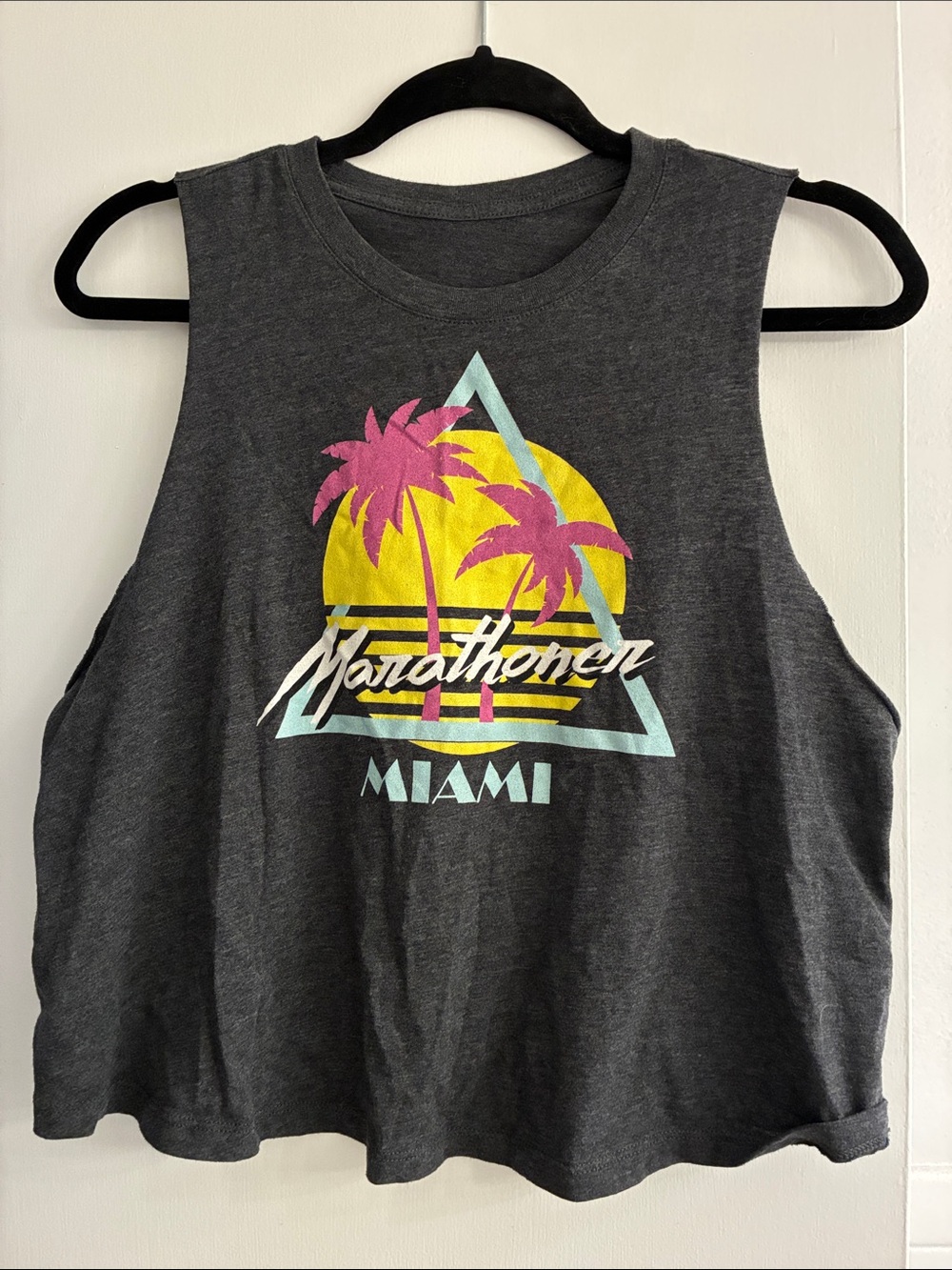 Marathoner Miami Muscle Tank - Charcoal with Yellow & Pink Graphic
